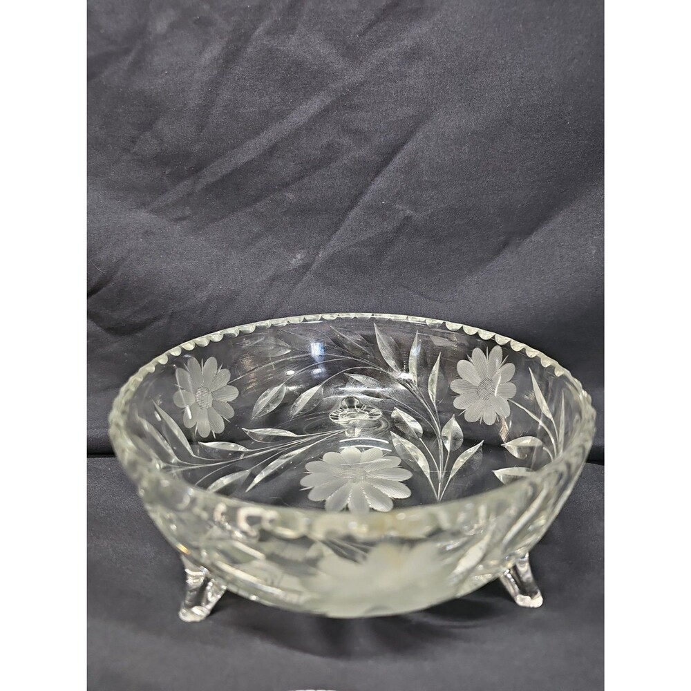 Vtg Heavy Clear Pressed Cut Glass 3 Footed Centerpiece Bowl Etched Floral Daisy